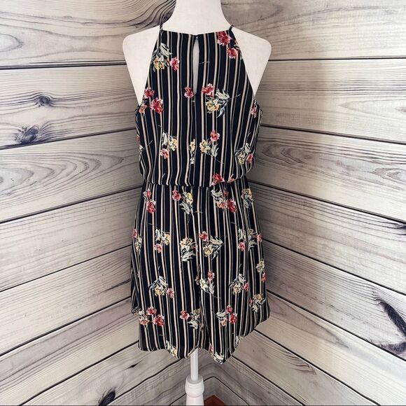Lush Black & Beige Floral Striped Cutout Keyhole Dress Size XS - Picture 4 of 7